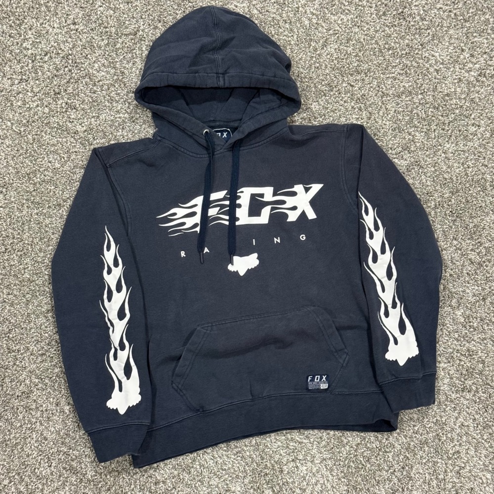 Y2K Fox Racing Hoodie Flame Sleeves Graphic Pullover Sweatshirt Mens M Vintage